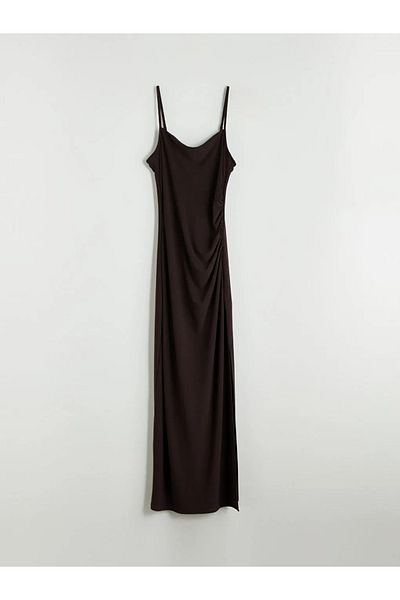 LC Waikiki XSIDE Brown Square Neck Strappy Shirred Dress