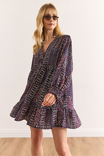 Olalook Kadın Çok Renkli V Yaka Modal İçerikli Mini Elbise ELB-19002411