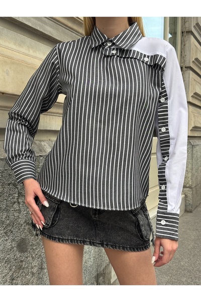 MAMAYAGA Kadın Özel Tasarım Yaka Kol Düğmeli Çizgili Garnili Bluz Boy Pamuk Curve Şık Gömlek