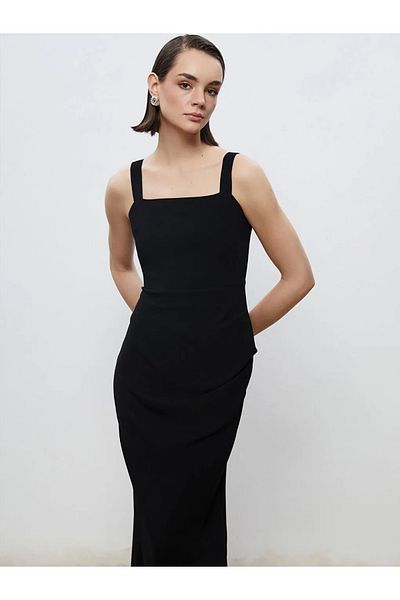 LC Waikiki Soulife Black Square Neck Crepe Dress