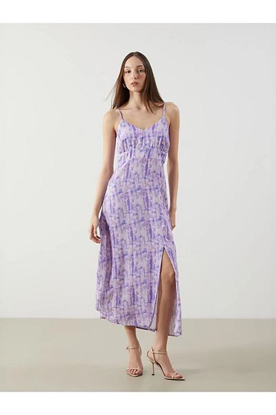 LC Waikiki Lcwaikiki Classic Purple V Neck Print Satin Dress