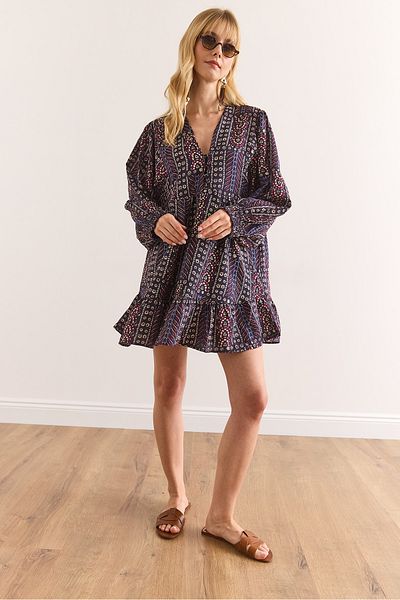 Olalook Women's Multicolor V-Neck Modal Content Mini Dress Elb-19002411