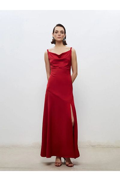 LC Waikiki Soulife Burgundy Draped Collar Strap Evening Dress