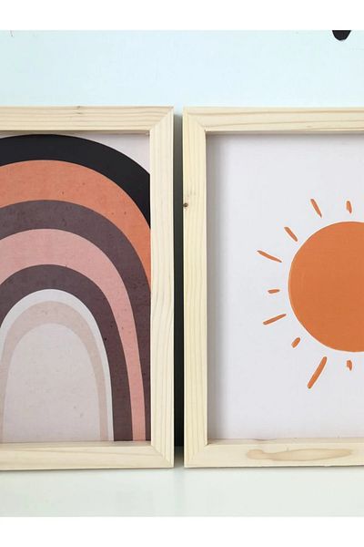 NT Handmade Sun and Rainbow Wall Decor with Natural Wood Edges Painting Set for Salon Living Bed Children's Room