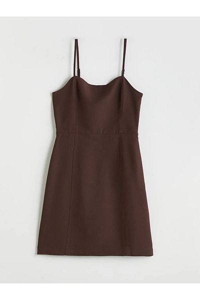 LC Waikiki Xside Brown Heart Neck Strap Linen Blended Mini Dress