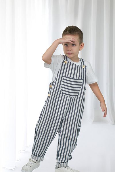 Catz Kids Boy's Navy Blue White Striped Linen Suspender Jumpsuit