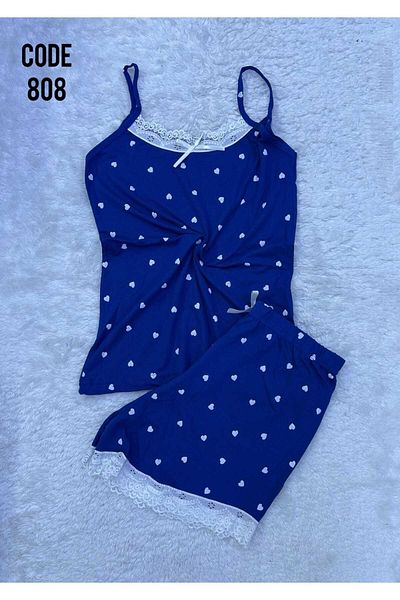 XORVİO Women's Rope Strap Shorts Lace Detailed Nightgown Patterned Soft Summer Modal Pajama Set