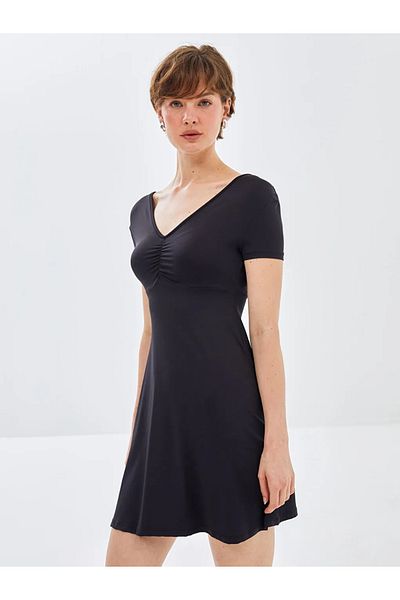 LC Waikiki Blai̇s Black V-Neck Straight Short Sleeve Women's Dress