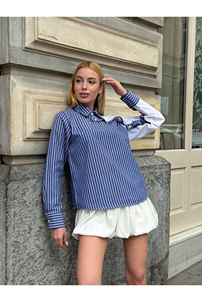 MAMAYAGA Női különleges kialakítású gallér ujjú gombos csíkos díszített blúz Oversize pamut ívelt stílusos ing