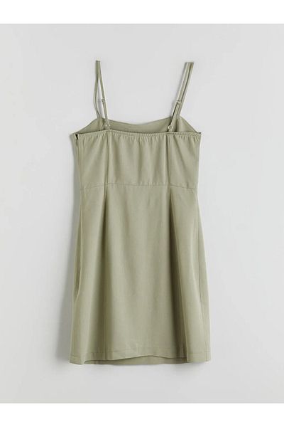 LC Waikiki Xside Khaki Heart Neck Strap Linen Blended Mini Dress