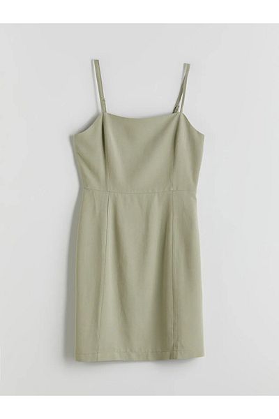 LC Waikiki Xside Khaki Heart Neck Strap Linen Blended Mini Dress