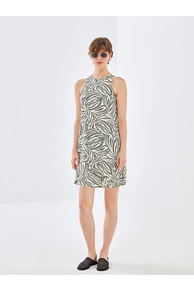 LC Waikiki BLAIS Khaki Crew-Neck Patterned Women's Dress