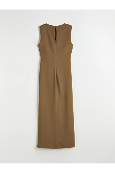 LC Waikiki LCW Vision Haki Bisiklet Yaka Büzgülü Krep Elbise