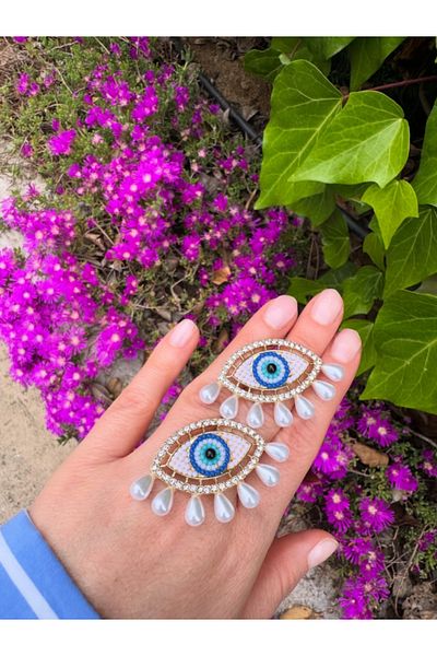 bijuxbymrv Bead Embroidered Pearl Eye Earrings