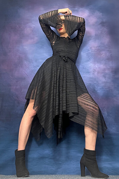 Quincey ASİMETRİK KESİM DANTEL İSPANYOL KOL ELBİSE SİYAH