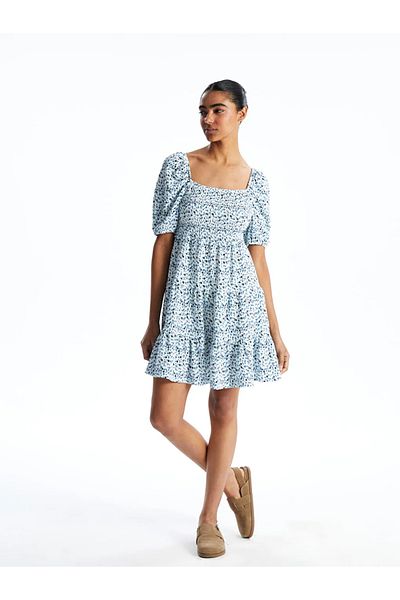 LC Waikiki Xside Blue Boat Neck Floral Women's Dress