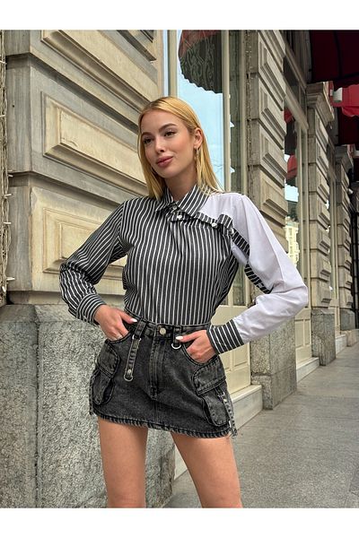 MAMAYAGA Bluză cu mâneci cu rever cu design special pentru femei, cu garnitură în dungi, cămașă elegantă din bumbac