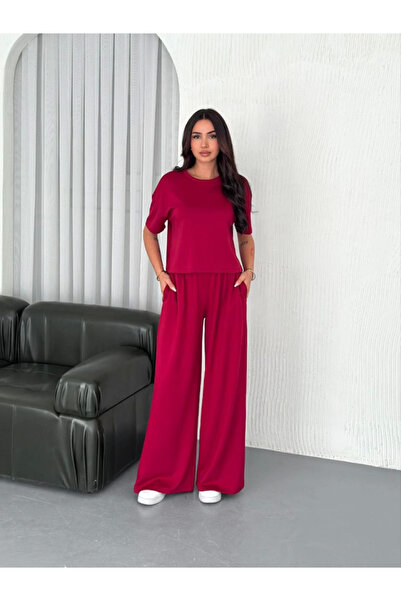 LUMİART Eyesof Osy Modal Soft Textured Fabric Crew Neck T-Shirt Wide Leg Pants Double Suit - Burgundy