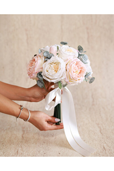 Luvienn Gerçek Görünümlü Şakayık Gelin Buketi Pembe Beyaz Okaliptuslu-Islak D...