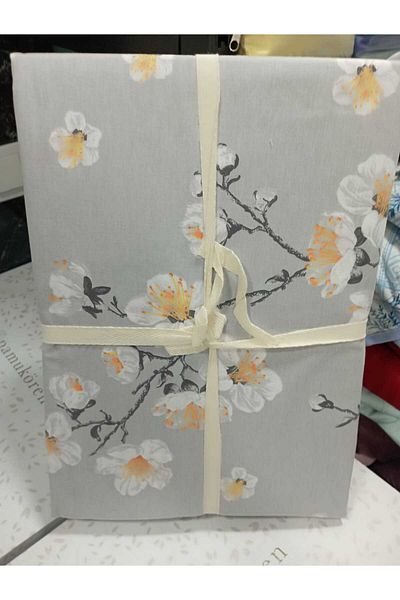 enti ev tekstili 100% Cotton Double Rubber Sheet Duvet Cover Set Gray-Cherry Blossom