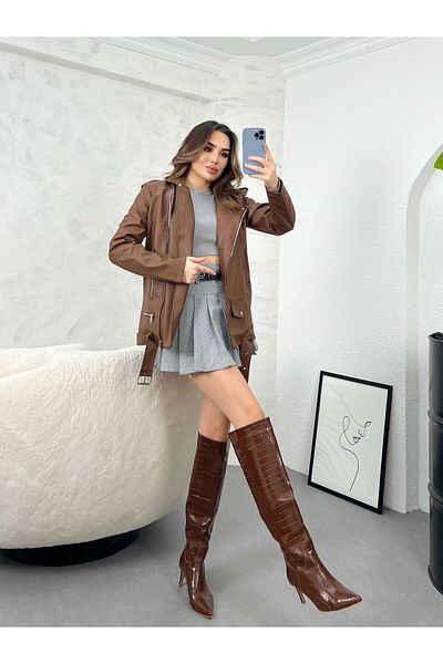 İLKCET MODA Jachetă lungă din piele artificială oversize pentru femei