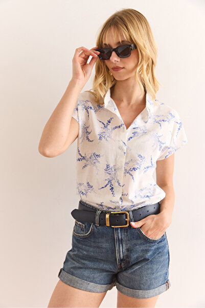 Olalook Women's Leaf Navy Blue Flared Linen Bat Shirt Gml-19001317