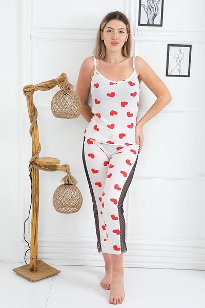 FAMESTEKSTİL Fames Combed Cotton Lace Detail Strap Pjs Suit