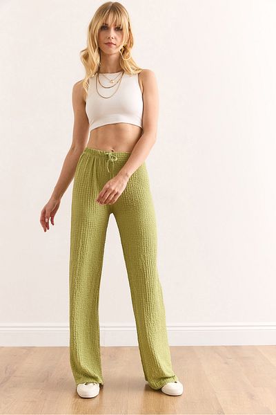 Olalook Women's Light Green Elastic Waist Textured Palazzo Trousers Pnt-19000338