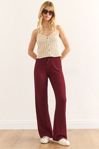 Olalook Women's Burgundy Elastic Waist Textured Palazzo Trousers Pnt-19000338