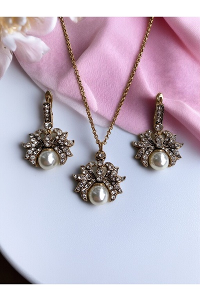 FAYRA ACCESSORIES Kristal Taşlı Yengeç Figür Tasarım İnci Kolye ve Küpe Seti