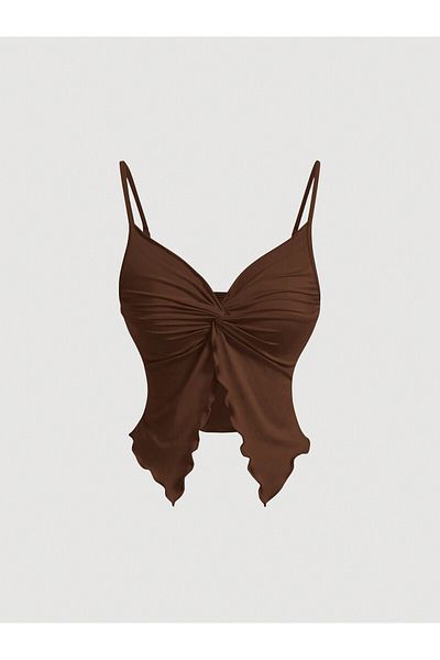Wild Flower Καφέ Μπροστινό Twist Thin Strap Alaçatı Crop