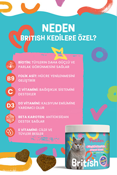 Patilex British Kediler için Multivitamin Ödül Maması, Shorthair Longhair Ödülü Vitaminleri, Multivitamin