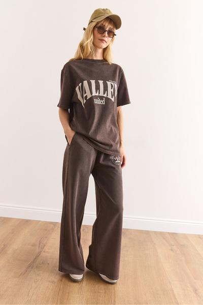 Olalook Women's Brown Valley Printed Top and Bottom Washed Cotton Tracksuit Set ETKM-0000082