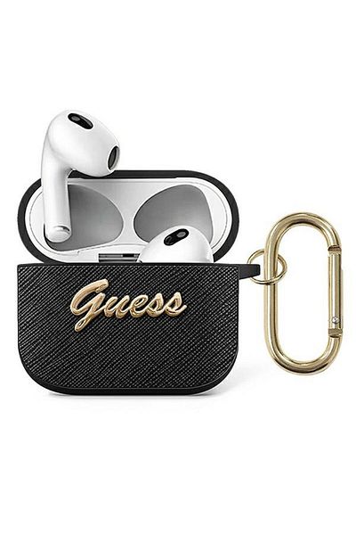 REDz Accessories Guess Protective Case for Apple AirPods 3, GUA3SASMK, Saffiano Script Metal Collection, Black