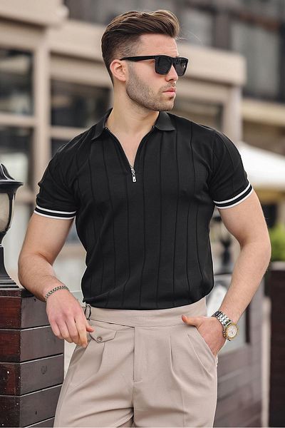 Madmext Ανδρικό T-Shirt Polo Neck με φερμουάρ - Μαύρο 6876