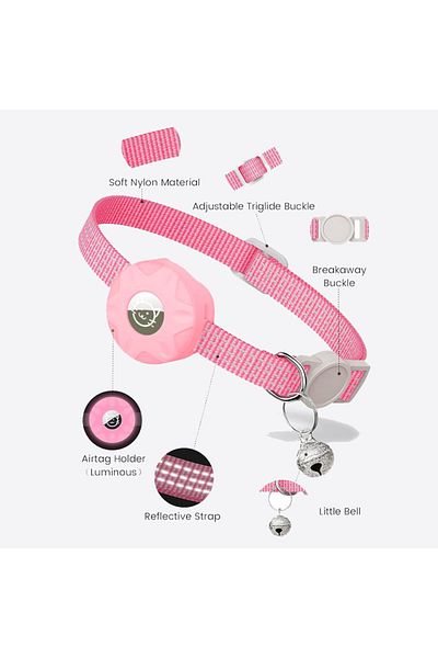 REDz Accessories Cat Collar with Case for Airtag, Reflective, Integrated Bell, Textile, Light Pink