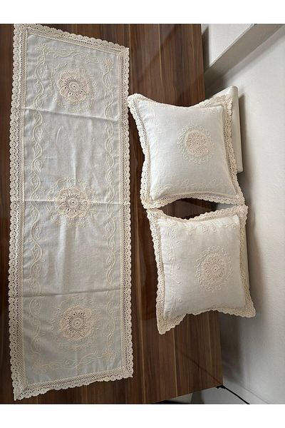 Sobe Hediyelik Cream Lace Embroidered Runner and Throw Pillow Cover Set – 3 Piece Living Room Set