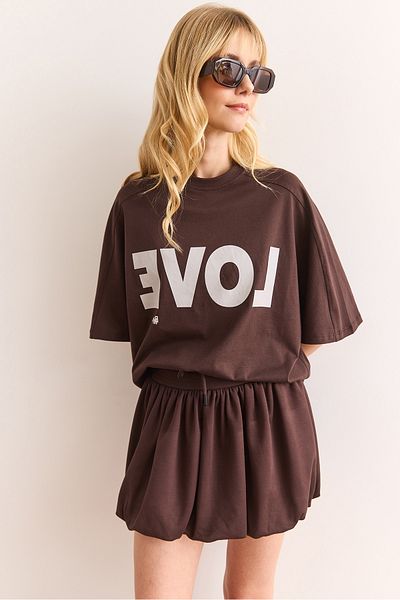 Olalook Women's Brown Love Printed Balloon Skirt Cotton Suit Tkm-19000381