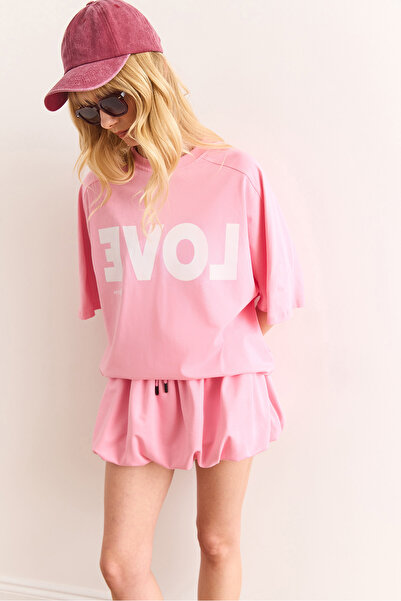 Olalook Women's Pink Love Printed Cotton Suit with Balloon Skirt Tkm-19000381