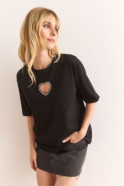 Olalook Women's Black Stone Detailed Heart Low-Cut Cotton T-Shirt Tsh-19000900