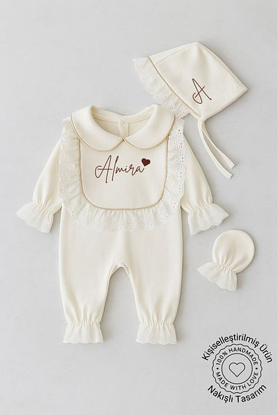 Minytrendy Baby Girl Newborn Jumpsuit Vintage Gold Lurex Scalloped Hospital Release Mevlüt Bonnet Suit Baby Forty