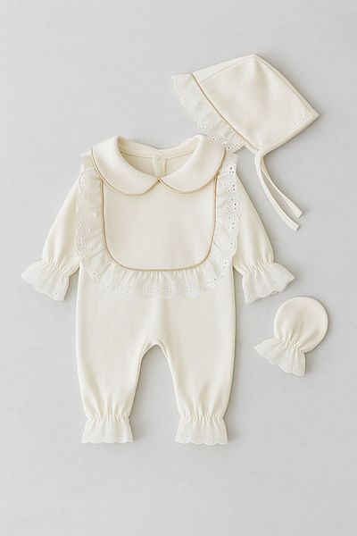 Minytrendy Baby Girl Newborn Jumpsuit Vintage Gold Lurex Scalloped Hospital Release Mevlüt Bonnet Suit Baby Forty