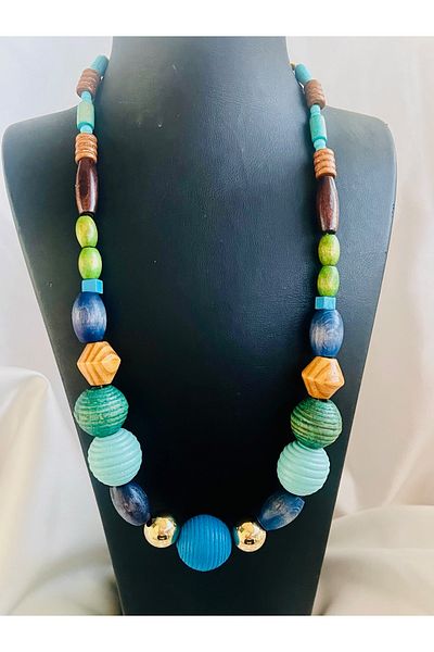 COCOSH TAKI Turquoise Blue Green Wood Bead Multi-Design Necklace