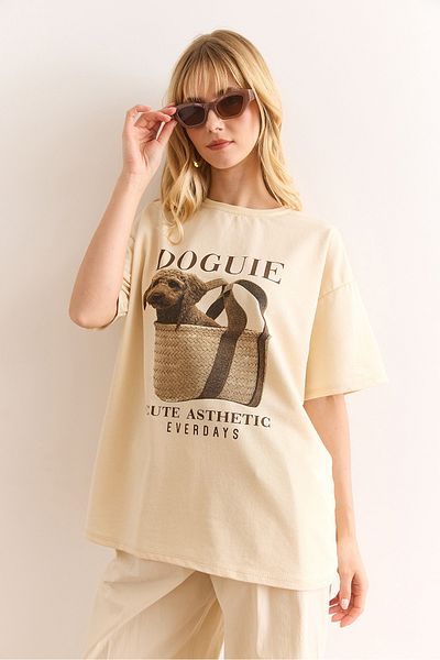 Olalook Γυναικείο μπλουζάκι μπεζ Doguie με στάμπα με 2 κλωστές TSH-19000903