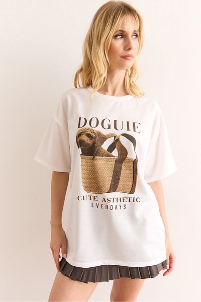 Olalook Γυναικείο μπλουζάκι με στάμπα White Doguie με 2 κλωστές TSH-19000903