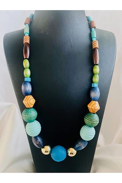 COCOSH TAKI Turquoise Blue Green Wood Bead Multi-Design Necklace