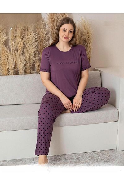 Pijamoni Women's Milan Large Size Crew Neck Short Sleeve Thin Pajama Set 7665/1- 1 Piece