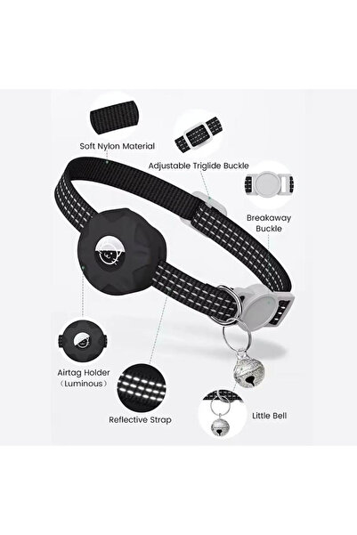 REDz Accessories Cat Collar with Case for Airtag, Reflective, Integrated Bell, Textile, Black
