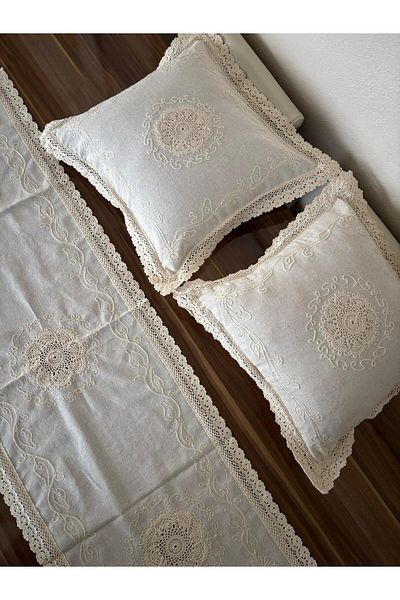 Sobe Hediyelik Cream Lace Embroidered Runner and Throw Pillow Cover Set – 3 Piece Living Room Set
