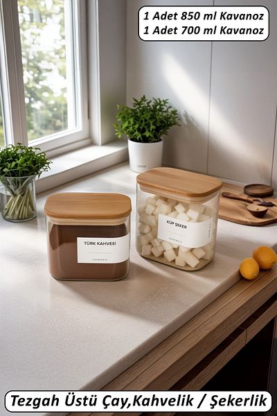 color house 2 Pieces Coffee Pot Sugar Bowl Rectangular Natural Bamboo Cover Borosilicate Glass Countertop Luxury Jar - B02